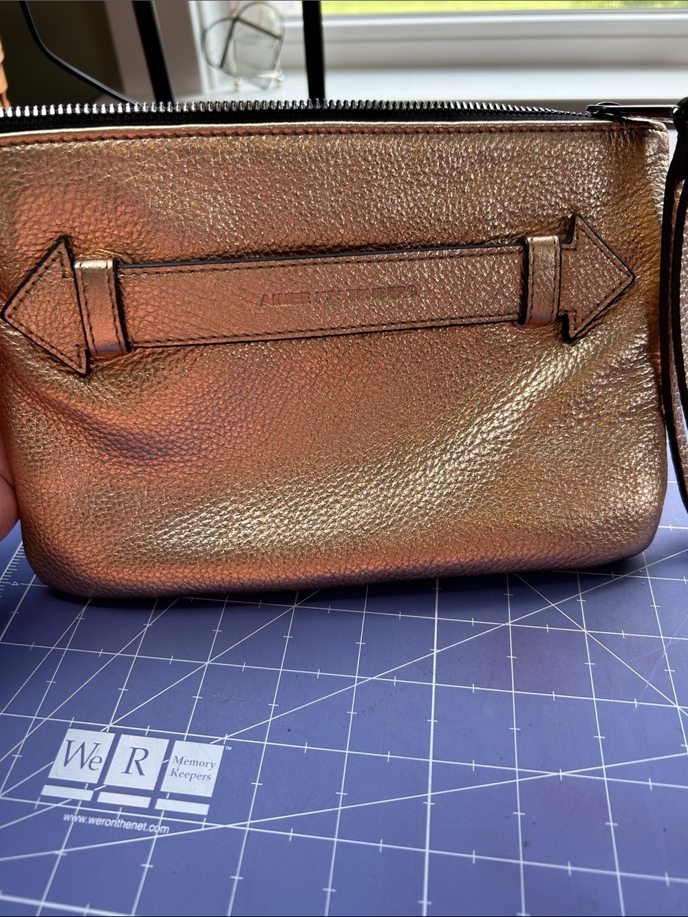 Aimee Kestenberg wristlet pouch rosegold pebbled leather exterior with 3 pockets